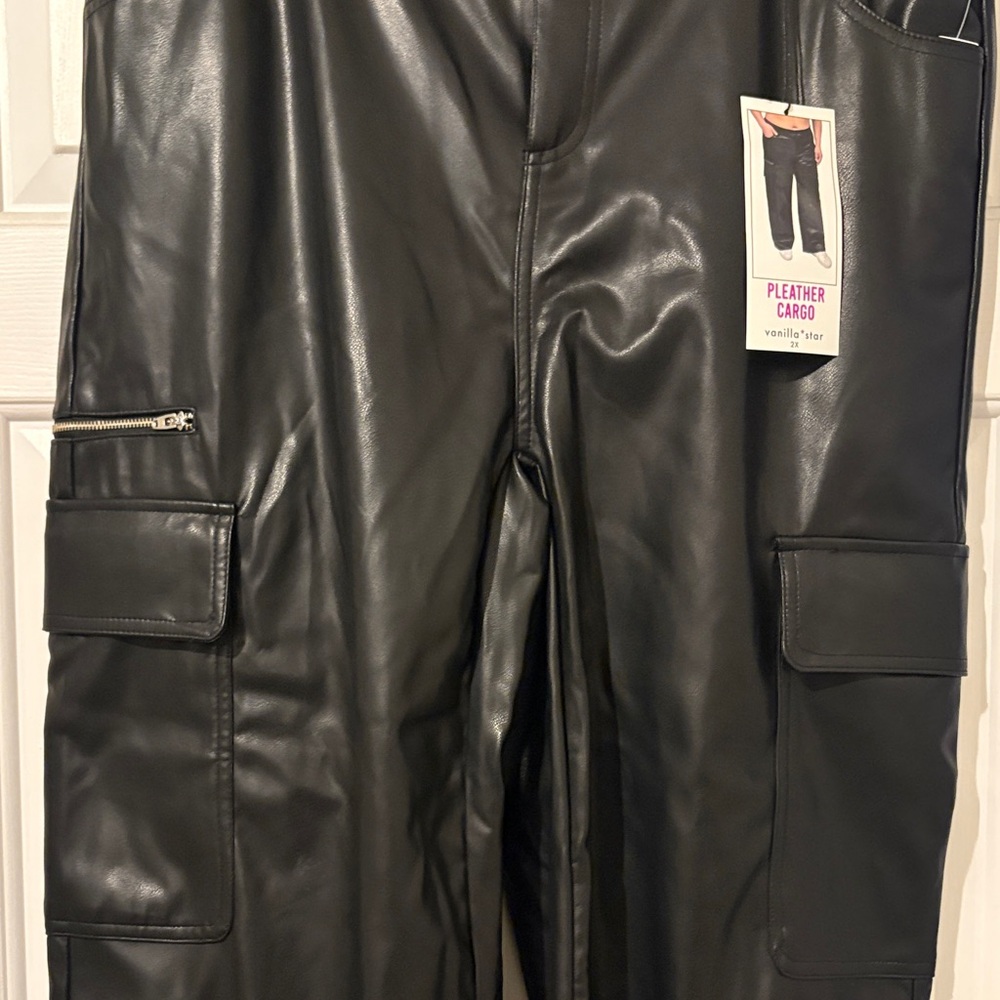 Vanilla Star Black Faux Leather Cargo Pants